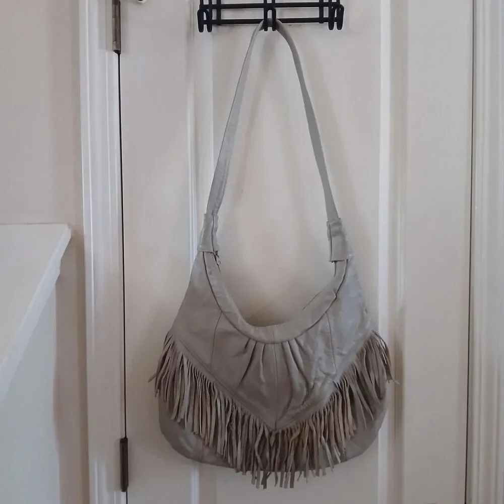 Vintage Genuine Leather Fringe Hobo Bag Taupe Grey Boho Western Slouchy Purse